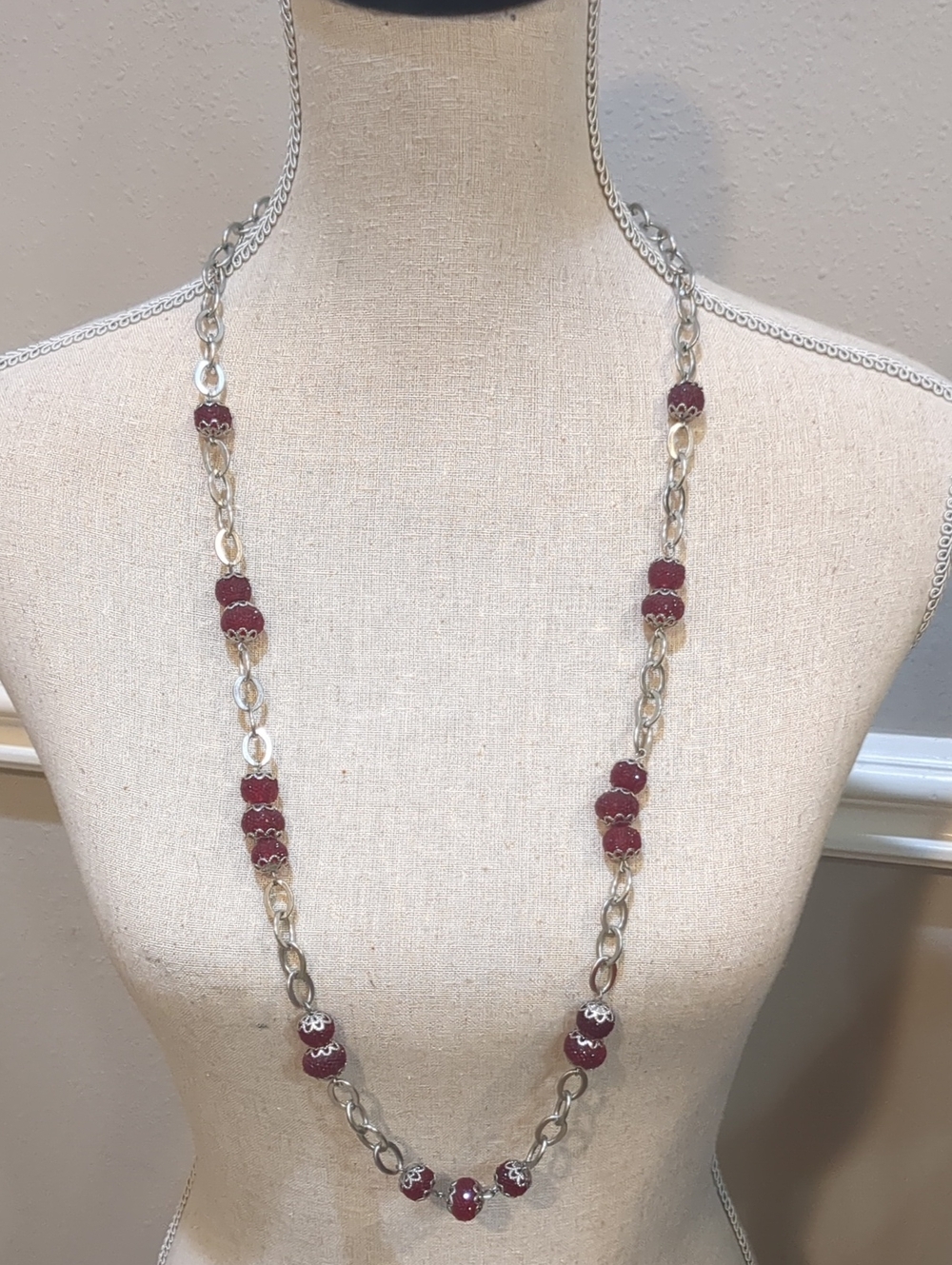 Long Silver Chain Necklace with Burgundy Beads